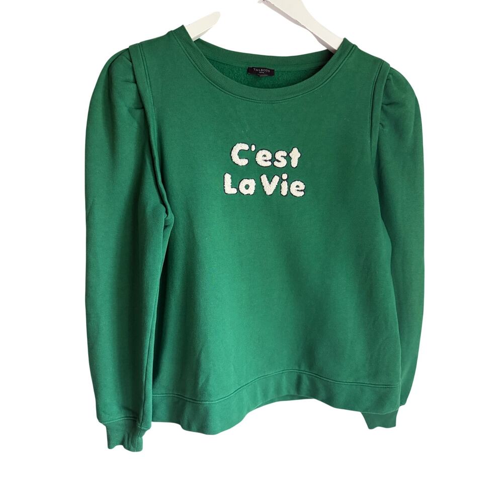 Talbots C'est La Vie Green Puff Sleeve Sweatshirt Small Petite French Preppy